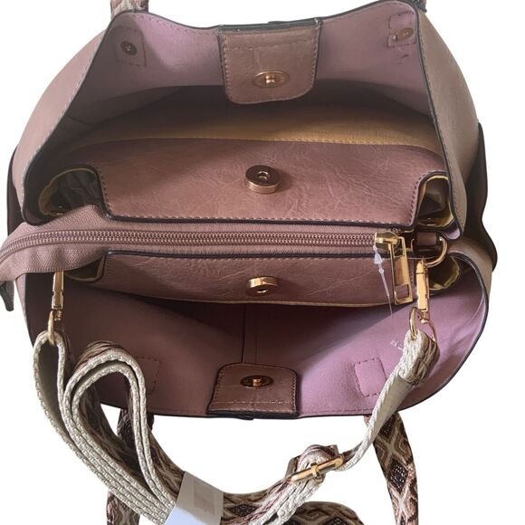 DS Fashion NY Triple Compartment Satchel Crossbody Guitar Strap Dark Mauve NWT - Picture 3 of 12
